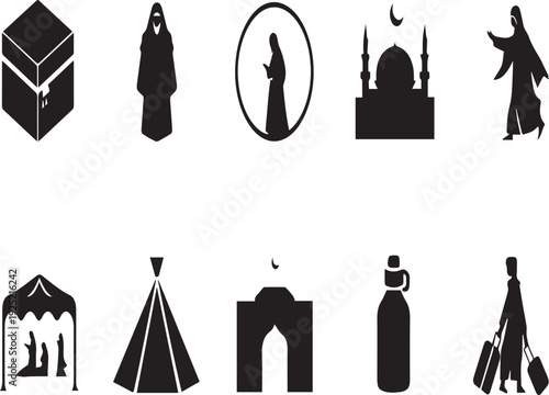 Hajj and Umrah Silhouette Icon Set with Kaaba, Muslim Woman, Prayer Pose, Mosque Skyline and Mina Tent Vector Isolated on White