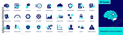 Insurance intelligence icon set. Containing risk analysis, fraud detection, claims, policy documents, pricing, customer support, security, analytics, AI and more. Solid fill vector icons.