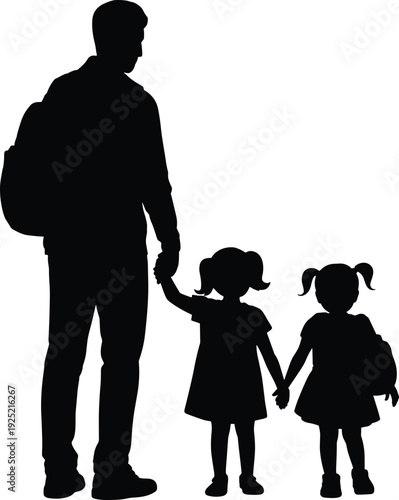 Father holding hands with two daughters silhouette, family bonding, parenting responsibility, single dad concept, child safety, love, care, back to school journey