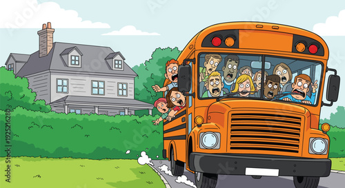 Cartoon vector of panicked children on a speeding yellow school bus near a house