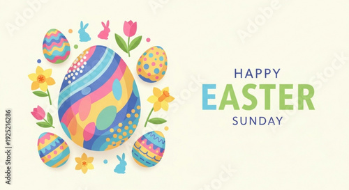 Easter sunday celebration with colorful eggs and bunnies surrounded by flowers on a cream background
