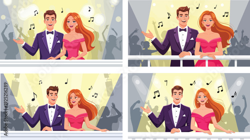 Elegant couple in formal wear singing on stage with spotlights and musical notes vector