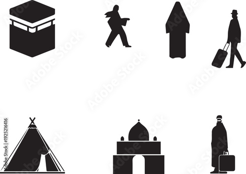 Hajj and Umrah Silhouette Icon Set with Kaaba, Pilgrim Traveler, Direction Arrow and Mina Tent Vector Isolated on White