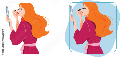 Flat vector illustration of a ginger woman applying mascara while looking in mirror