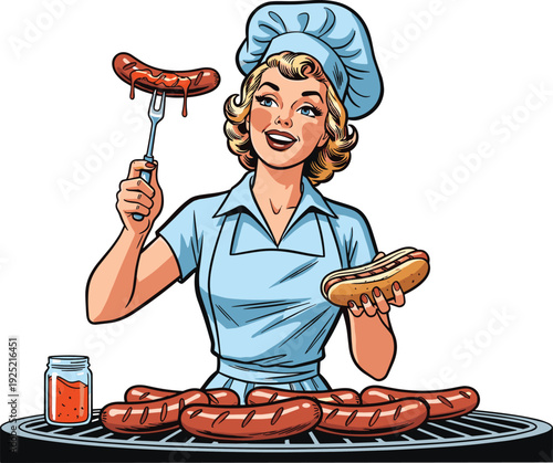 Vintage 1950s pop art vector of happy woman grilling sausages at a summer barbecue,