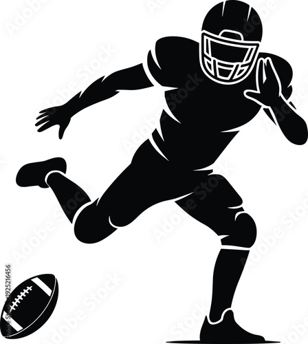 American football player silhouette running with ball, dynamic action pose, professional athlete speed, power and competition sports concept isolated on white background