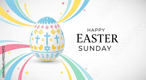 Colorful easter egg with crosses and flowers vibrant swirls and happy easter sunday text on white background festive illustration