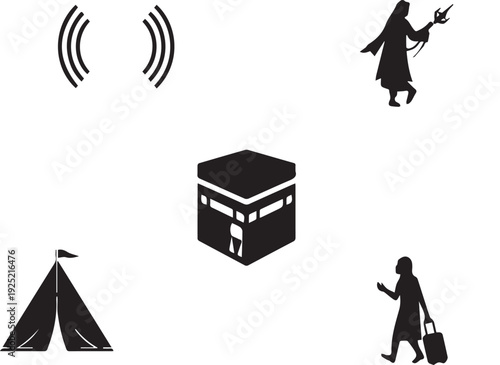 Hajj and Umrah Silhouette Icon Set with Kaaba, Pilgrim Traveler, Mina Tent and Islamic Travel Symbols Vector Isolated on White