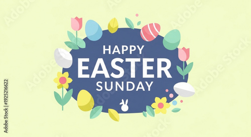 Easter sunday celebration with colorful eggs and flowers on blue background