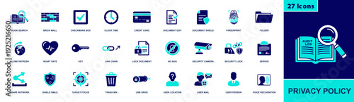 Privacy policy icon set. Containing audit log, document shield, fingerprint, security lock, camera, server, user data, consent, compliance, access key and more. Solid fill vector icons.
