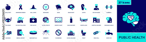 Public health icon set. Containing fruit, ribbon, biohazard, mask, first aid, global health, hospital, insurance, mosquito, virus, water and more. Solid fill vector icon collection.
