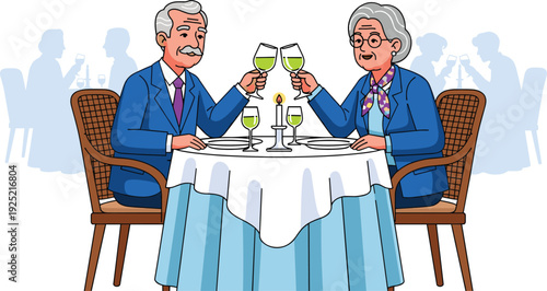Retro flat vector illustration of an elderly couple having a romantic dinner at restaurant