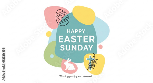 Colorful easter sunday greeting card with bunny eggs and flowers in pastel colors symbolizing joy and renewal