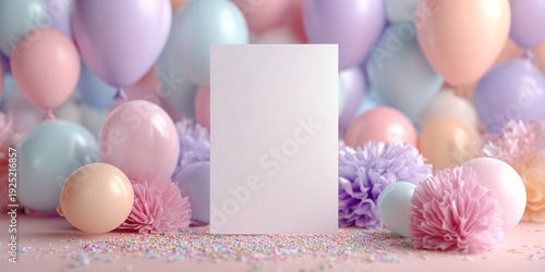 blank birthday card mockup, party background in pastel colors

