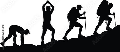 Hiking progression silhouettes showing outdoor adventure stages, mountain climbing journey, endurance training, fitness challenge, backpackers trekking uphill success concept on white background