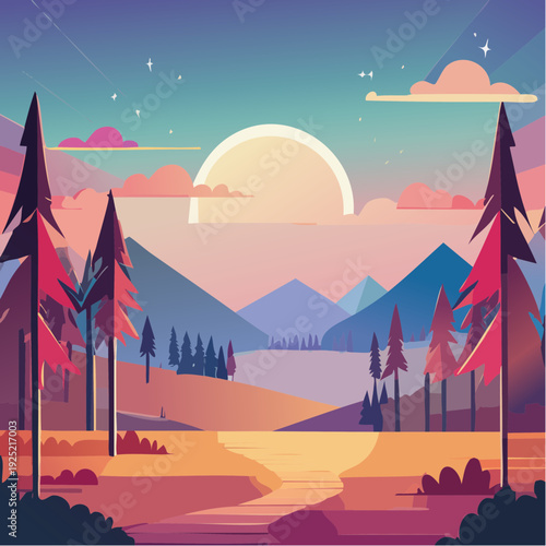 Paysage stylisé au coucher de soleil – Montagnes et pins aux couleurs vives