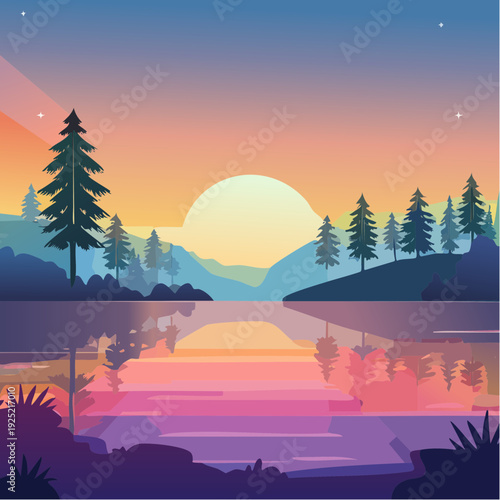 Paysage coucher de soleil – Scène nature stylisée, lac, reflets dans l'eau