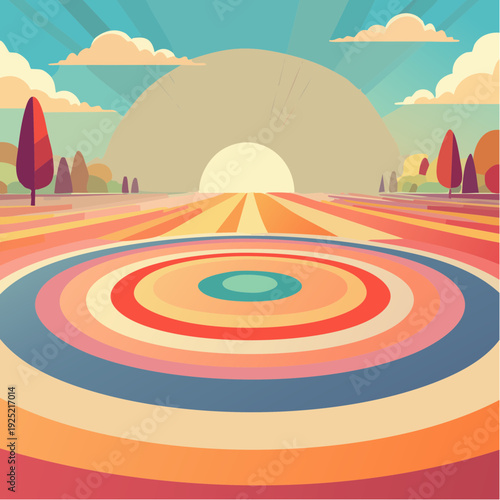 Paysage stylisé au lever de soleil – Scène nature abstraite aux couleurs vives