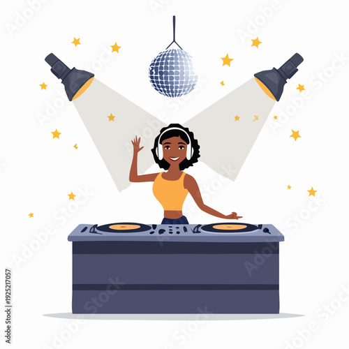 DJ mixant sous une boule disco – illustration festive ambiance soirée