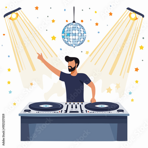 DJ mixant sous une boule disco – illustration festive ambiance soirée