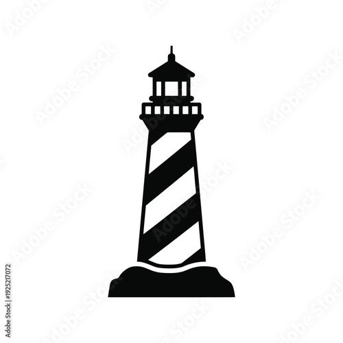 Vector icon of lighthouse on rocky coast, black and white Vector