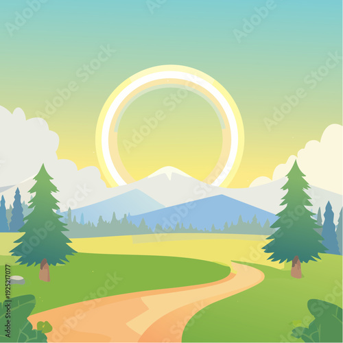 Paysage nature stylisé aux couleurs acidulées – Montagnes et soleil jaune vert bleu