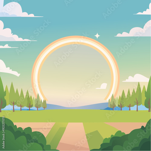 Paysage nature stylisé aux couleurs acidulées – Montagnes et soleil jaune vert bleu