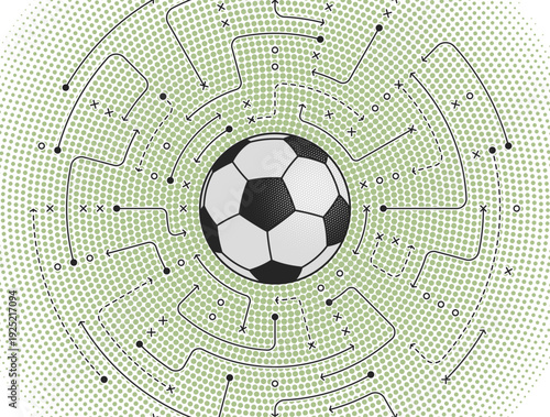 Soccer ball with radial strategy lines and sport science diagrams