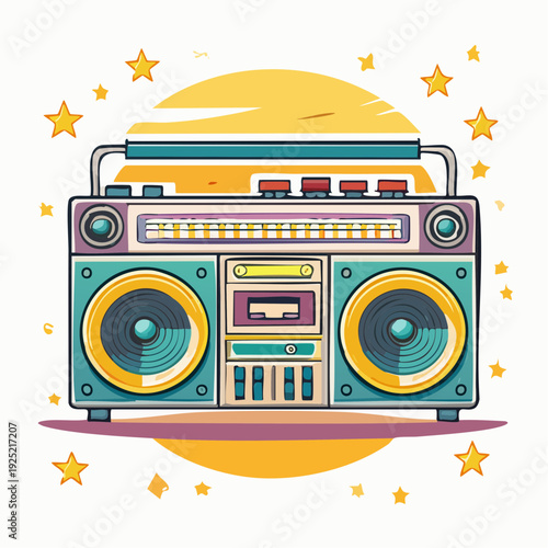 radio cassette portable ,rétro et coloré, illustration vintage isolée 