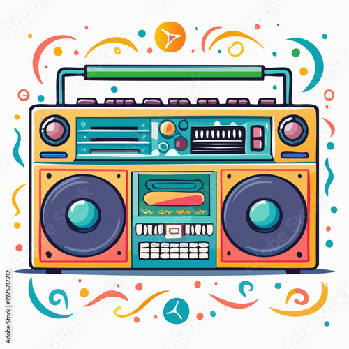 radio cassette portable ,rétro et coloré, illustration vintage isolée 