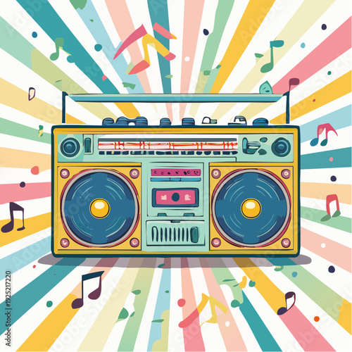 radio cassette portable ,rétro et coloré, illustration vintage isolée 