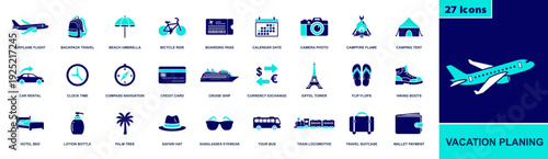 Vacation planning icon set. Containing flight, backpack, beach umbrella, boarding pass, hotel, car rental, cruise, camera, compass, suitcase and more. Solid fill vector icons collection.