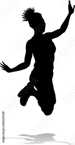 A happy woman jumping for j...