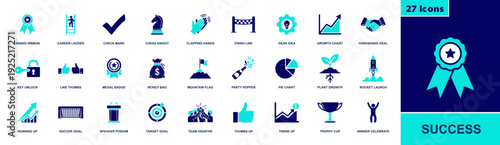 Success icon set. Containing award ribbon, check mark, trophy, medal, growth chart, target goal, rocket launch, handshake, thumbs up, podium and more. Solid fill vector icons collection.