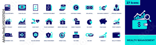 Wealth management icon set. Containing calculator, cash, coins, currency exchange, financial advisor, savings, investment, tax form, retirement, safe box, wallet, profit growth and more. Solid fill ic