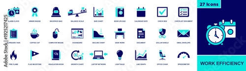 Work efficiency icon set. Containing alarm, calendar, checklist, tasks, dashboard, charts, email, documents, desk, productivity, time tracking and more. Solid fill vector icons collection.