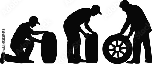 Mechanic Silhouettes Changing Car Tire, Auto Repair and Maintenance Service Concept with Wheel Replacement Isolated on White Background
