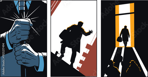 Film noir detective vector set, silhouette man with briefcase, dramatic shadows and mysterious atmosphere