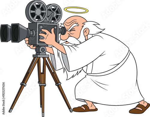 Cartoon God or holy figure filming with vintage movie camera on tripod, divine creator recording world concept illustration