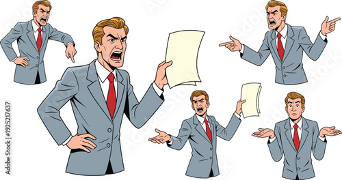 Angry businessman character set, shouting man in suit, holding paper, pointing and shrugging gestures