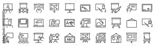 Set of 30 outline icons related to whiteboard. Linear icon collection. Editable stroke. Vector illustration