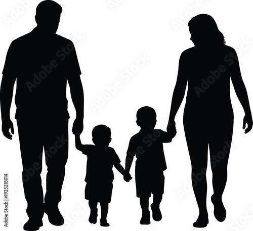 Family Silhouette Walking with Two Children Holding Hands, Parents and Kids Togetherness, Love and Care Concept Isolated on White Background
