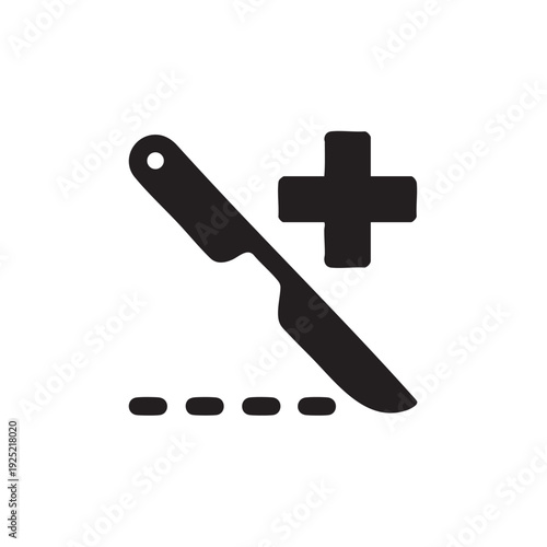 Scalpel and cross graphic illustration on medical theme viewed from directly above with clean lines