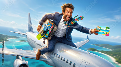 Man flying on an airplane wing holding luggage and vacation postcard. Travel advertising concept for summer holiday destination.