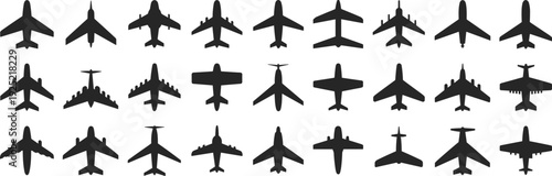 Collection of airplane silhouettes top view including commercial jets and military aircraft for aviation design, cad drawing flat vector illustration, travel icons.