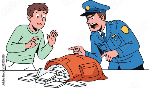 Angry Police Officer Interrogating Scared Suspect with Bag of Stolen Money, Crime Investigation Vector Illustration