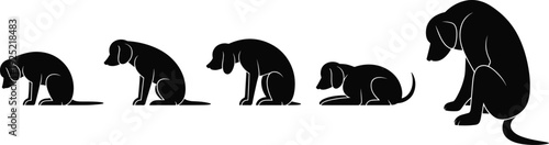Set of sad dog silhouettes in sitting and cowering poses for animal welfare concepts, cad drawing flat vector illustration, pet behavior graphics.