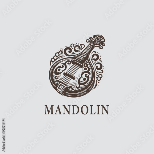 Vintage Mandolin Logo Design with Ornamental Floral Swirls, Classical String Instrument Vector Illustration for Music Branding Identity