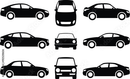Vector set of car silhouettes featuring side and front views for automotive design, cad drawing flat vector illustration, transportation symbols for urban planning.