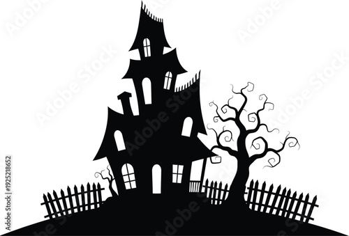 A spooky haunted house silhouette on a hill with a fence and tree
